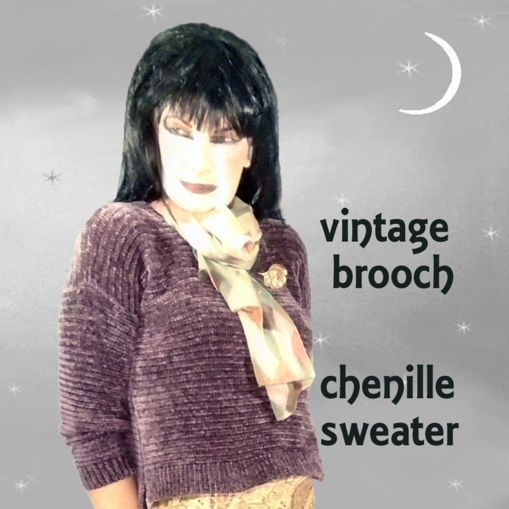 Brown Chenille Cropped Sweater and Vintage Brooch
